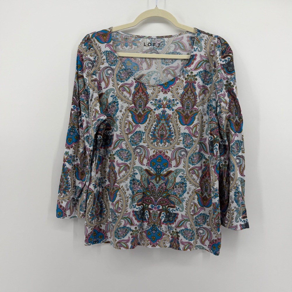 Loft Women Large Multicolor Paisley Print 3/4 Sleeve Scoop Neck Cotton Modal Top